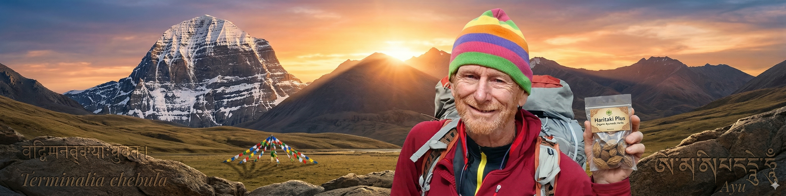 Martyn S Williams standing at the base of sacred Mount Kailash at sunrise, holding a blessed bag of his Organic Ayurvedic herbs and Haritaki Plus which provide powerful Haritaki benefits.